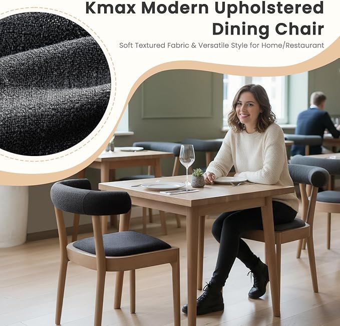 Kmax Mid-Century Modern Dining Chairs Set of 4, Upholstered Fabric Kitchen Chairs with Natural Walnut Frame & Linen Curved Back, Charcoal Black