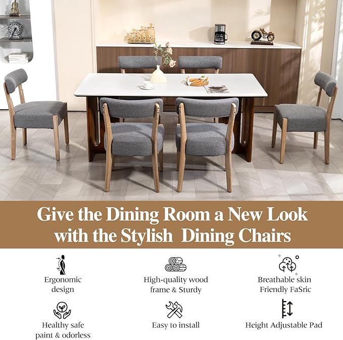 Dining Chairs Set of 2,Mid Century Modern Dining Chair Set - Linen Upholstered Low Back Kitchen & Dining Room Chairs with Woven Design,Grey Fabric