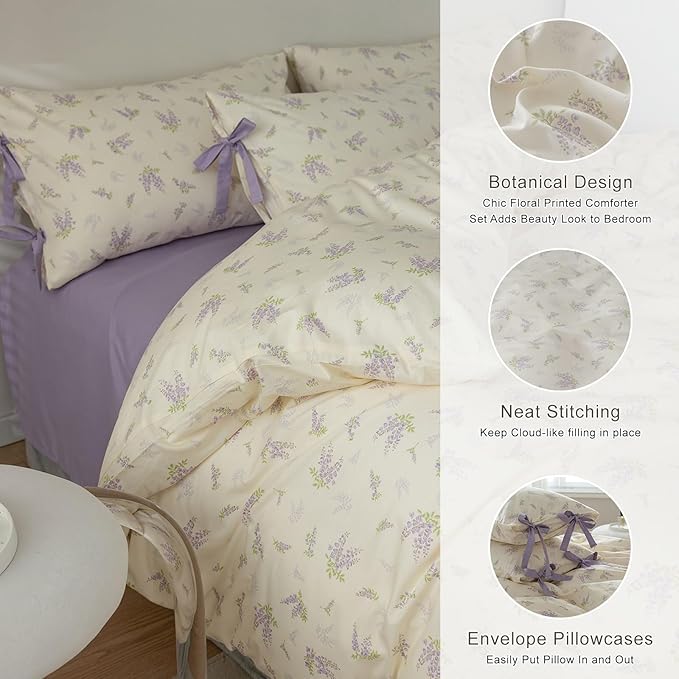 EAVD Garden Style Botanical Floral Comforter Set Full White Fluffy Microfiber Chic Shabby Purple Floral Bedding Set 1 Full Bed Comforter and 2 Pillowcases Fresh Botanical Comforter Set for All-Season