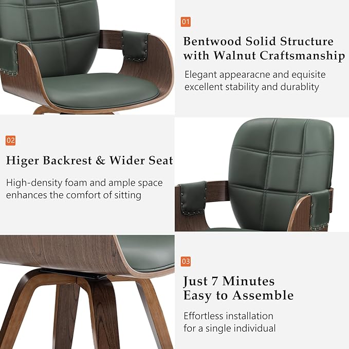 Set of 1 Mid Century Modern Chair - Swivel Dining Chair with Arms and Curved Back, Faux Leather Reception Room Chairs, Ideal for Kitchen/Living Room/Reception/Desk (Walnut Green)
