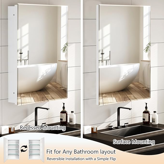 Bathroom Medicine Cabinet with 16x20 in Rectangular Beveled Frameless Mirror,Wall Mounted Mirror Cabinet for Bathroom Toilet Kitchen,Recess or Surface Mount