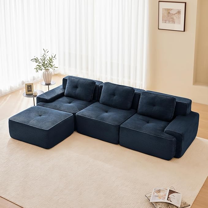 115" Modern Compressed Boneless Couch with Ottoman, 3 Seater Large L Shaped Sectional Couches for Living Room, Blue Corduroy Cloud Modular Sectional Sofa, Memory Foam, Extra Deep, No Assembly