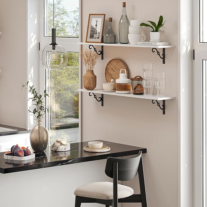DINZI LVJ Long Wall Shelves, 23.6" Large Floating Shelves Set of 2, Farmhouse Display Shelf Wall Mounted with Heavy Duty Brackets, Easy Assembly for Kitchen, Bathroom, Bedroom, Balcony, White