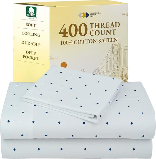 California Design Den Deep Pocket Twin Sheets Set - 400 Thread Count Sateen, Natural 100% Cotton Sheets, Cooling and Durable Bedding Set - Polka Dot