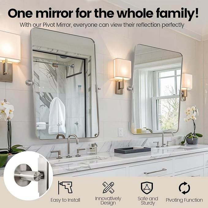 ANDY STAR 22"x34" Brushed Nickel Pivot Mirror for Bathroom, Silver Metal Frame Bathroom Mirrors for Wall，Rectangle Titling Vanity Wall Mirror with Rounded Corner Design Hangs Vertically Only