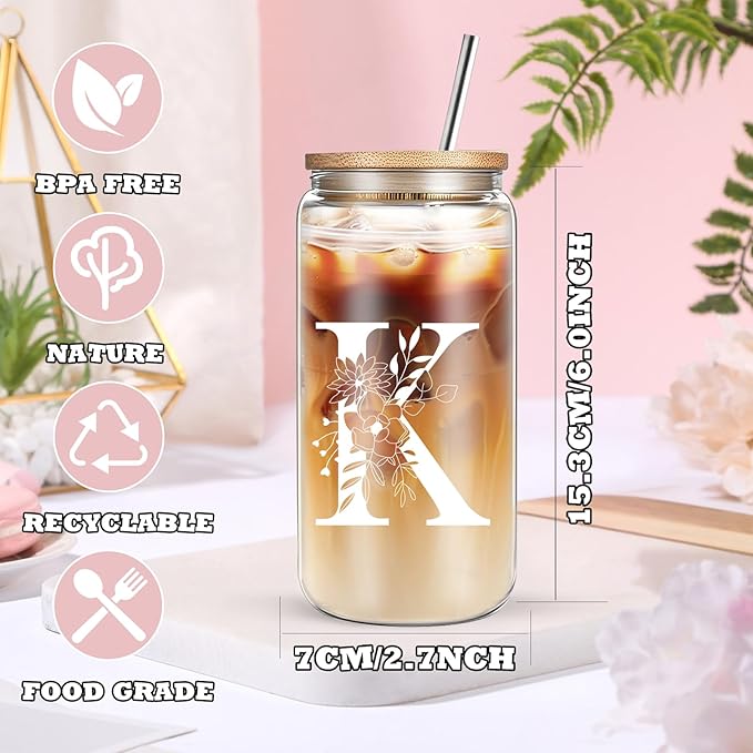 Unique Initial Glass Cup with Lids and Straws, Monogrammed Gifts Box Included Makeup Bag, Christmas Birthday Gifts for Women Mom Sister Grandma, K