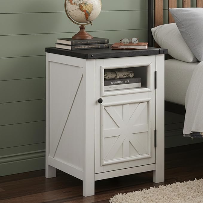 Nightstand with Charging Station, 18" Farmhouse End Table with Barn Door & Adjustable Shelf, Wood Sofa Side Table with 3-Tier Storage for Living Room, Bedroom, White