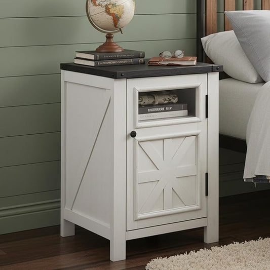 Nightstand with Charging Station, 18" Farmhouse End Table with Barn Door & Adjustable Shelf, Wood Sofa Side Table with 3-Tier Storage for Living Room, Bedroom, White