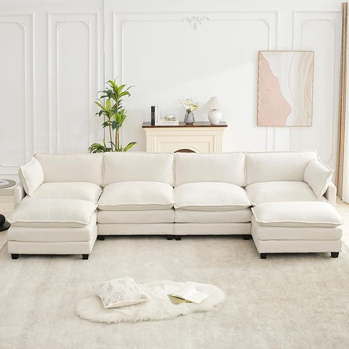 ROWHY Oversized Modular Sectional Couch with 2 Movable Ottoman, 148" Modern Convertible U Shaped Sofa Set, 4 Seat Comfy Cloud Couch with 2 Throw Pillows, for Living Room and Office, Chenille, Beige