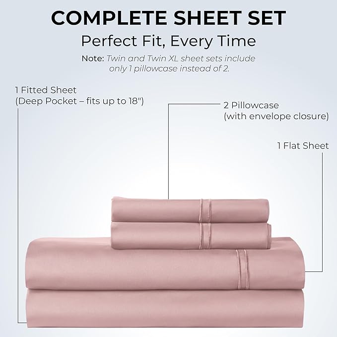 100% Natural Cotton Bed Sheets | 500 TC Single-Ply Sateen Weave King Size Sheets Set | Breathable & Hypoallergenic Solid 4-Piece Bedding with Deep Pocket Fitted, Flat, Pillowcase | Blush