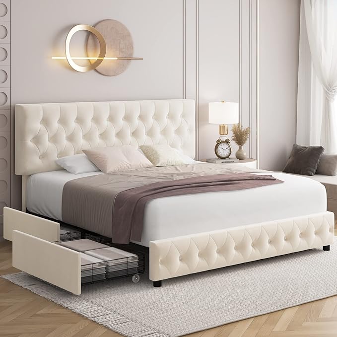 Keyluv Modern Upholstered Bed Frame with 4 Storage Drawers, Button Tufted Headboard Design, Solid Wooden Slat Support, Easy Assembly, Soft Velvet, Beige, King Size