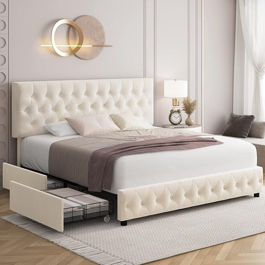 Keyluv Modern Upholstered Bed Frame with 4 Storage Drawers, Button Tufted Headboard Design, Solid Wooden Slat Support, Easy Assembly, Velvet, Beige, Full Size