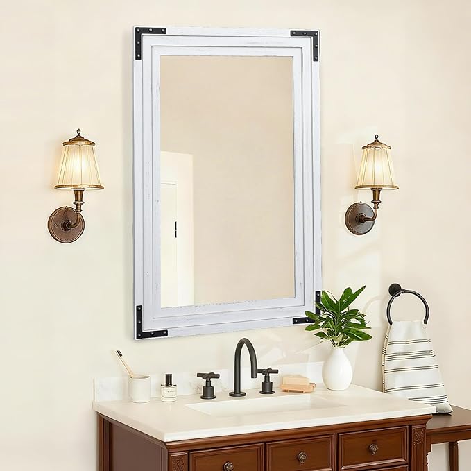 Full Length Mirror 30"x20" Solid Wood Frame Floor Standing Mirror, Hanging or Leaning Wall-Mounted for Living Room, Bedroom, Rustic White