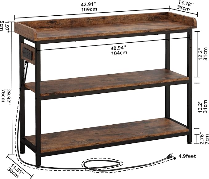 IRONCK Console Table, Sofa Table with Power Outlet, Farmhouse Hallway Table for Entryway, Living Room, Height Adjustable, Easy Assembly, Rustic Brown, 43"