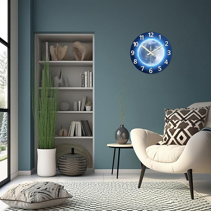 14 Inch Lighted Wall Clocks Battery Operated Blue Glow in The Dark Wall Clock for Kids Bedroom Silent Wall Clock Decorative