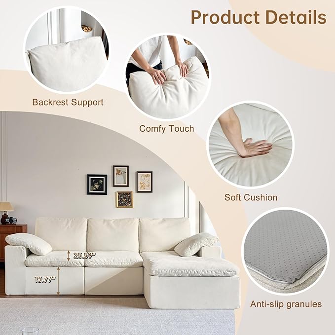 ANONER 108" Cloud-Like Modular Sectional Sofa, Deep Seat with Soft Pillow, 3 Seater Boneless Couch and Breathable Chenille Fabric, Beige