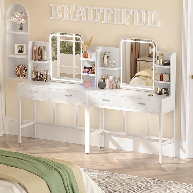 Armocity Vanity Desk with Mirror and Lights, Makeup Vanity with 2 Storage Drawers, Vanity Table Set with 3 Color Lighting Options, Modern Dressing Table with Storage Shelf for Bedroom, White