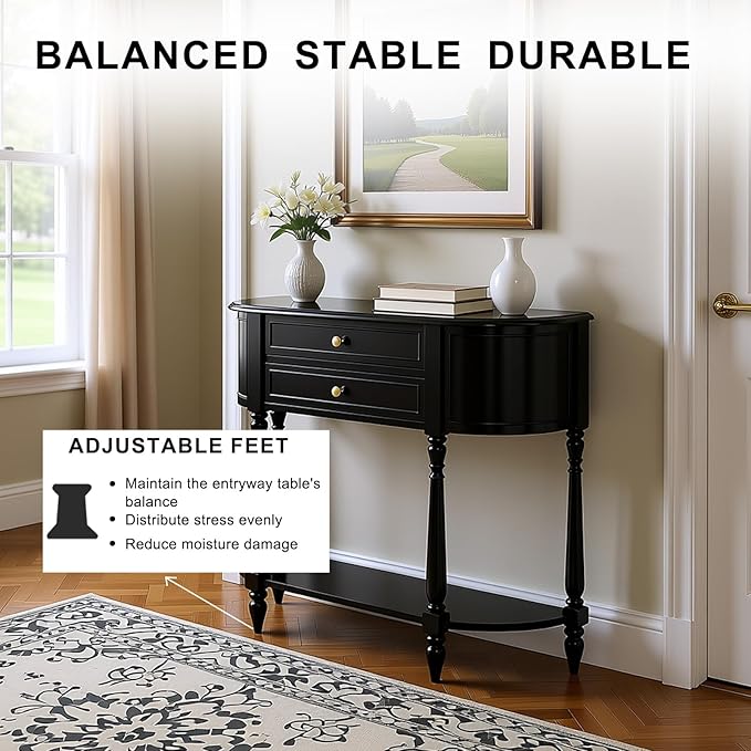 Solid Wood Panel Half Moon Table, Fitted with Leveling Legs, foyer tables for entryway,Easy Installation, White Entryway Table with Storage, Ideal for Entryways, Foyer, Corridor, Behind the Sofa