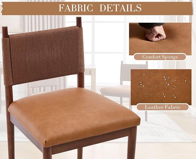CIMOTA Brown Faux Leather Dining Chairs Set of 6, Mid Century Modern Upholstered Dining Room Chairs with Woven Back, Armless Kitchen Chairs with Walnut Solid Wood Legs, PU