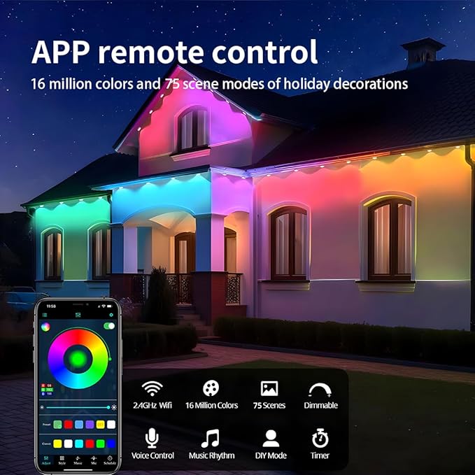 Permanent Outdoor Light,150ft with 100 LED Eaves Lights,Smart RGB Outdoor Lights with 75 Scene Modes,IP67 Waterproof,for Halloween Decorations,Christmas,Party,App and Remote