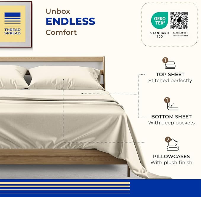 THREAD SPREAD 100% Egyptian Cotton King Size Sheets Set - High Thread Count Bed Sheets King Size Deep Pocket 16" (4 PC, Ivory), Soft, Cooling, Extra Long Staple Sateen Luxury Hotel Sheet Set