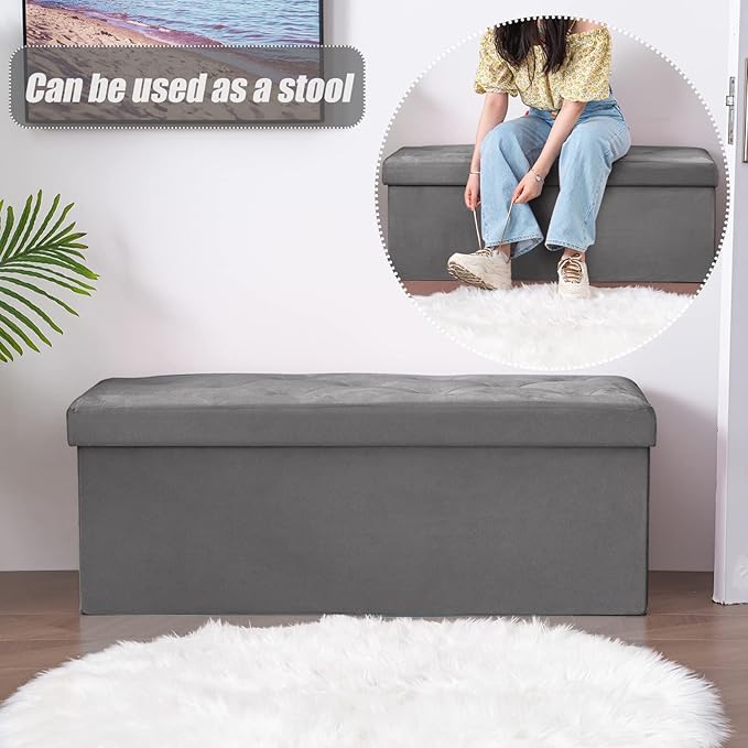 BRIAN & DANY 43 Inches Ottoman with Storage, Velvet Storage Ottoman Bench, End of Bed Benches, Folding Ottomans for Bedroom, Living Room and Entryway (Gray)
