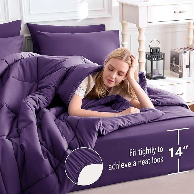 CozyLux Queen Comforter Set Purple, 7 Pieces Bed in a Bag, Purple Comforter Queen Size, All Season Bedding Sets with Stitch Quilted Comforter, Flat Sheet, Fitted Sheet, Pillowcases