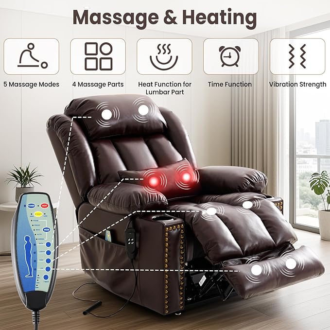 PARKOL Large Infinite Position Leather Power Lay Flat Lift Studded Recliner Chairs for Elderly, Dual Motor with Massage and Heating,Extended Footrest, USB&Type-C Port Remote,Cup Holder (Brown, Large)