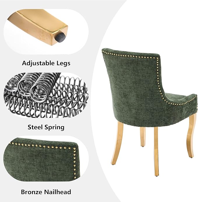 Luxury Fabirc Upholstered Dining Chairs Set of 6,Neutral Chenille Kitchen Room Chair with Nailhead Trim,6 Piece Modern Side Chairs for Dining Room,Living Room,Bar (Olive Green-Gold, Set of 6)