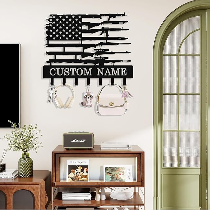 Personalized Flag Forest Key Holder Wall Mount, Custom Metal Key Holder for Wall with Name, Custom Keys Rack Hanger with Hooks for Entryway, Front Door, Hallway, Living Room, Kitchen