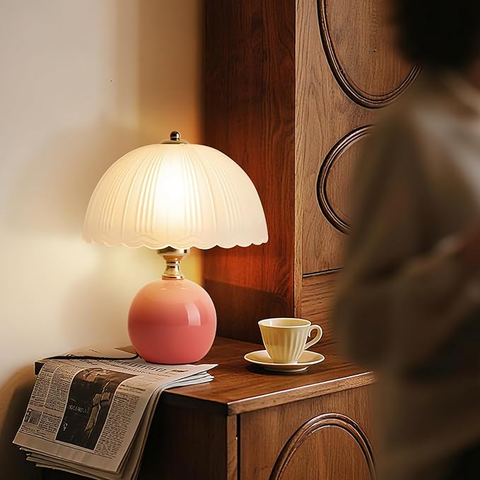 Ceramic Table lamp Set of 2, Modern Bedside Lamps Pink Mid Century Vintage Desk Lamp Retro Glass Mushroom Traditional Lamp for Nightstand Living Room Bedroom Home Decor (S05PK-2PACK)