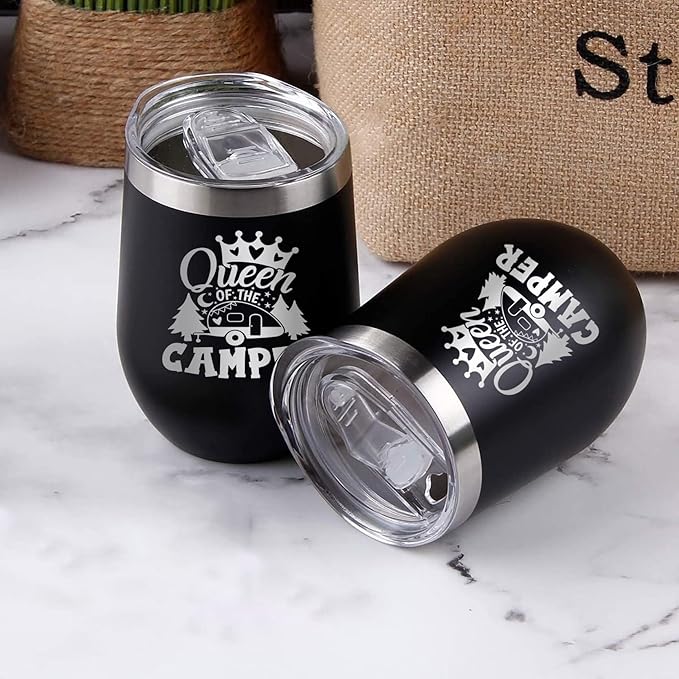 Queen of The Camper Wine Tumbler, Camping Gifts Coffee Mug Cup, Camp Wine Glass Stemless Tumblers with Lid Stainless Steel Insulated Vacuum, RV Gifts for Women Camper Travel Outdoors 12 Oz