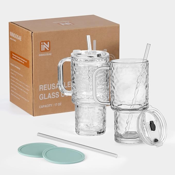 17oz Water Glass Tumbler with Handle & Lid, Reusable Iced Coffee Cups with Straws – Set of 2, Glass Cups Travel Mug for Smoothies, Juice, Coffee, Tea