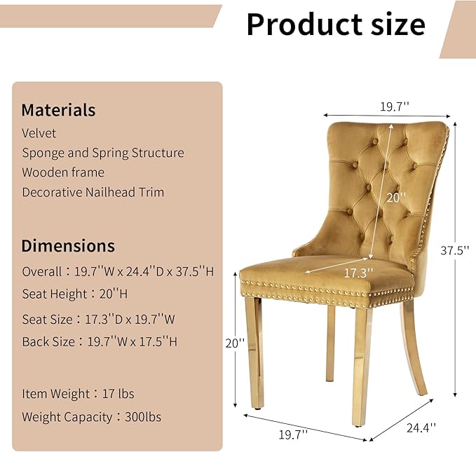 Luxury Upholstered Dining Chairs Set of 6, Yellow Kitchen Chair with Golden Metal Legs, Velvet Tufted Back Dining Chair, Sillas de Comedor, Modern Kitchen & Dining Room Chairs (Gold, 6 Pcs)