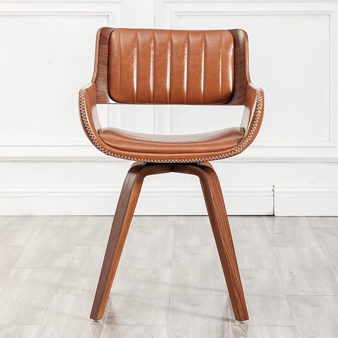 LUNLING Swivel Accent Faux Leather Dining Chairs Set of 2 Mid Century Modern Chairs with Wooden Legs/Armrest/Upholstered Seat/Adjustable Foots for Kitchen Dining Room Desk Chairs(Brown)