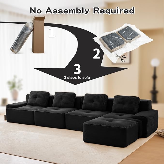 150" Modern Compressed Boneless Couch with Ottoman, 4 Seater Large L Shaped Sectional Couches for Living Room, Black Corduroy Cloud Modular Sectional Sofa, Memory Foam, Extra Deep, No Assembly