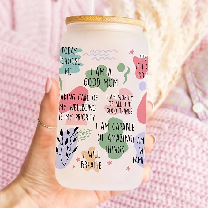 Mom Gifts from Daughter Son, Gifts for Mother Birthday, Gifts for Mom 16oz Glass Cup with Lid and Straw, Thank You Mom Gift Ideas, Delicate Mom Thanksgiving Christmas Gifts