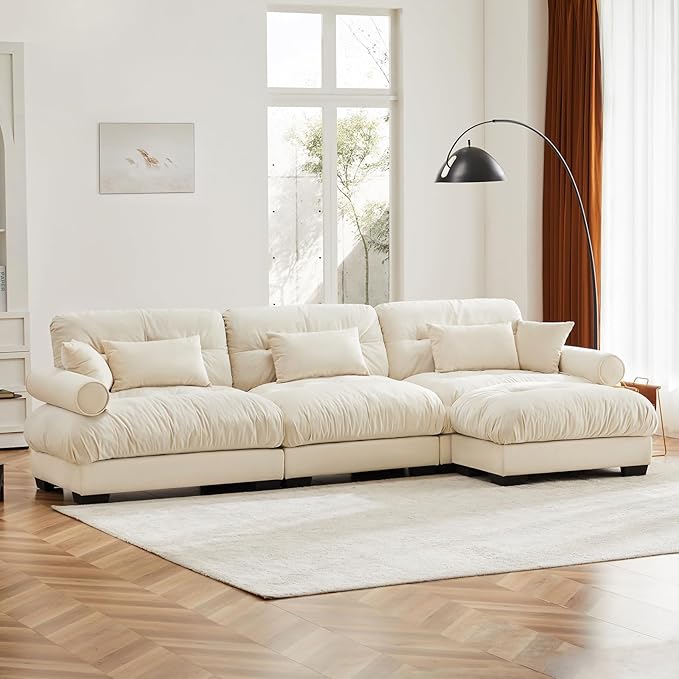130"Oversized Couch, 3 Seater Modular Sectional Sofa, Beige White Large L Shaped Sectional Couches for Living Room, Fluffy Couch Set, 3 Seater, Velvet Cloud Couches with Ottoman, Sofas for Living Room