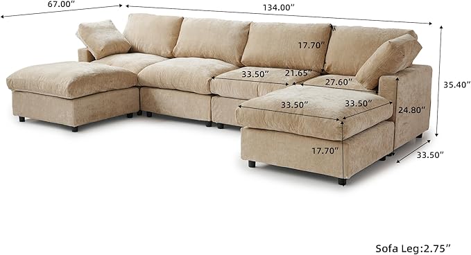 JACH U Shape Sectional Couches for Living Room, Modular Sofa with Chaise Ottomans, Cloud Sectional Couch, Sofa Covers Washable, Minimalist Couch for Living Room, Apartment, Khaki