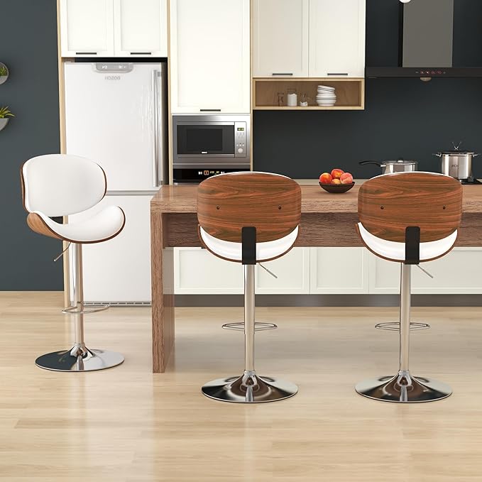 KCC Bar Stools Set of 3, Swivel Adjustable Height Barstools, PU Leather Upholstered Bar Chairs with Footrest, Bentwood Bar Stool for Kitchen, Bar, Dining Room(White PU)