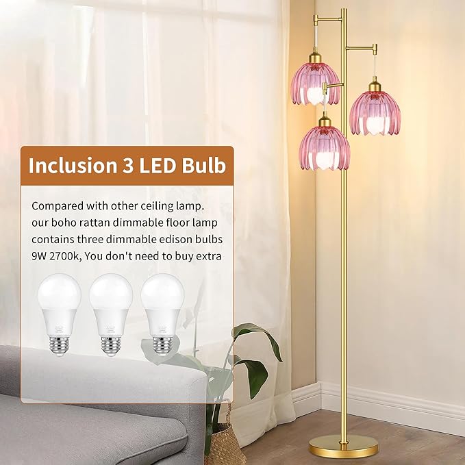 Vintage Floor Lamps for Living Room Bedroom-3 Light Glass Floor Lamp with Three Led Bulb, Tall Flower Floor Lamp Gold Mid Century Modern Standing Lamp Tree Floor Lamps for Living Room Bedroom Corner