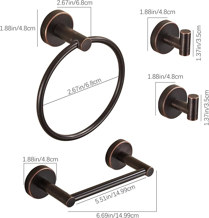 Bronze Bathroom Hardware Set, Oil Rubbed Bronze Toilet Paper Holder Towel Ring 2 Robe Hooks Wall Mount Hand Towel Holder Bath Accessories Stainless Steel, 4 Pieces