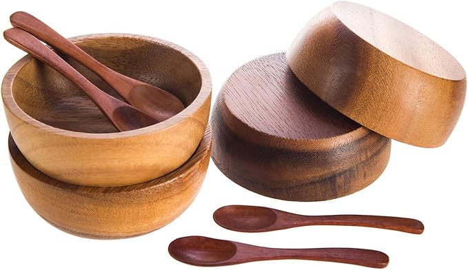 Set of 4 Small Round Acacia Wooden Bowls 3¾ Inch Diameter 1½" High With Spoons - Stackable Mixing Bowl Salad Soup Snack Dip Sauce Charcuterie Wood Tableware Sets for Decor and Serving
