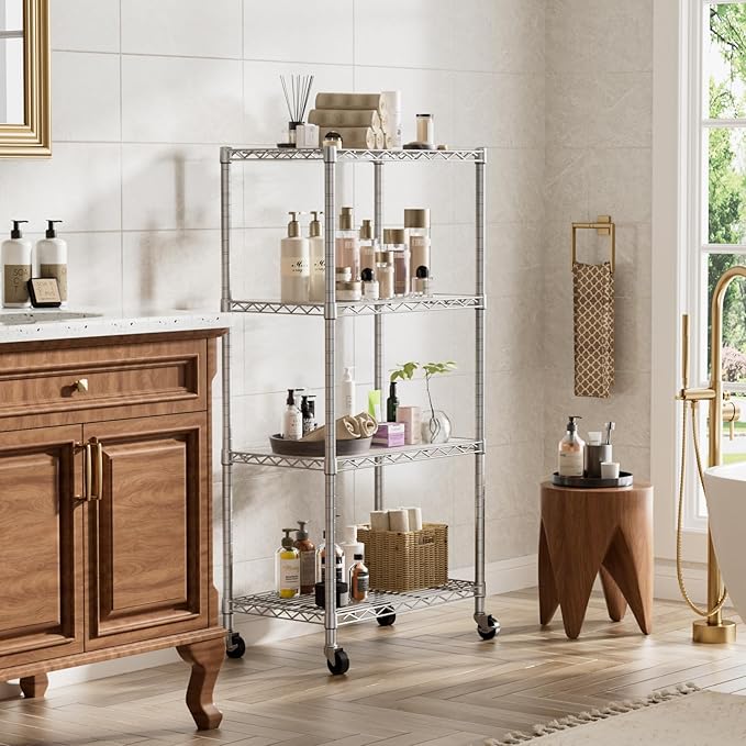 4 Tier Shelves Storage Shelf Wire Closet Bathroom Organizers Metal Pantry Kitchen Garage Shelving Unit Laundry Room Organization Home Rack Net Basket White with Wheels 14”D X 24”W X 48.9”H