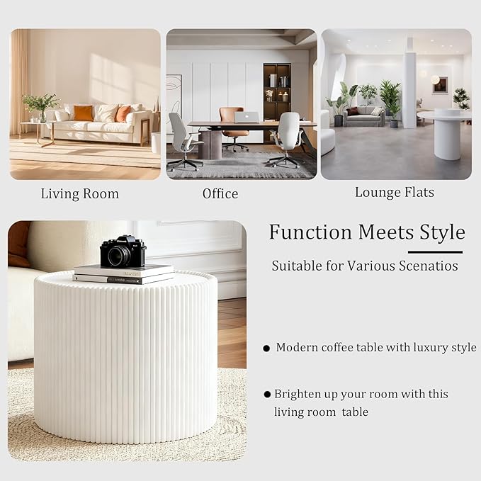 Round Coffee Table Set with Sintered Stone Tabletop, 29.52" Grey Drum Center Table and 17.71" White Coffee Table Set, 2 Pieces Living Room Table Set with Fluted PU Leather Cover& Stable Base