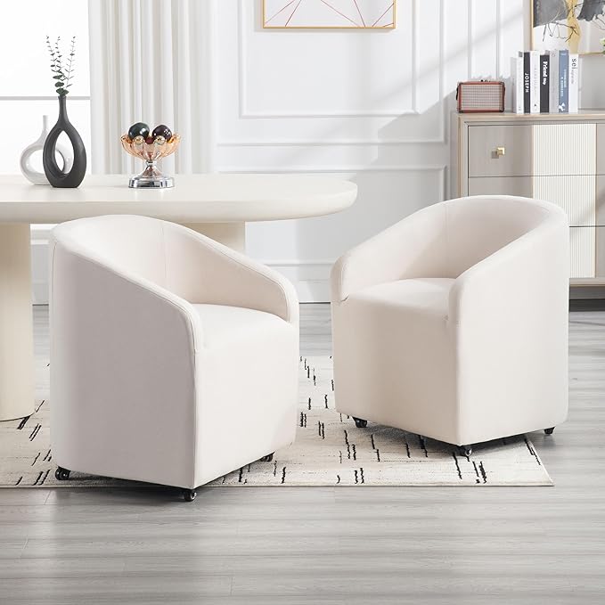 Set of 4 Modern White Upholstered Dining Chairs with Swivel Casters, Linen Barrel Back Accent Side Chair for Dining Room Living Room, Beige