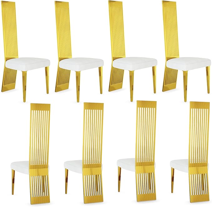 Modern Dining Chairs Set of 8, White Sponge Dining Room Chairs with Polished Gold Stainless Steel Legs, Upholstered Chairs with High Back and Metal Legs for Living Room/Kitchen/Restaurant