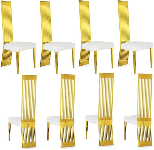 Modern Dining Chairs Set of 8, White Sponge Dining Room Chairs with Polished Gold Stainless Steel Legs, Upholstered Chairs with High Back and Metal Legs for Living Room/Kitchen/Restaurant