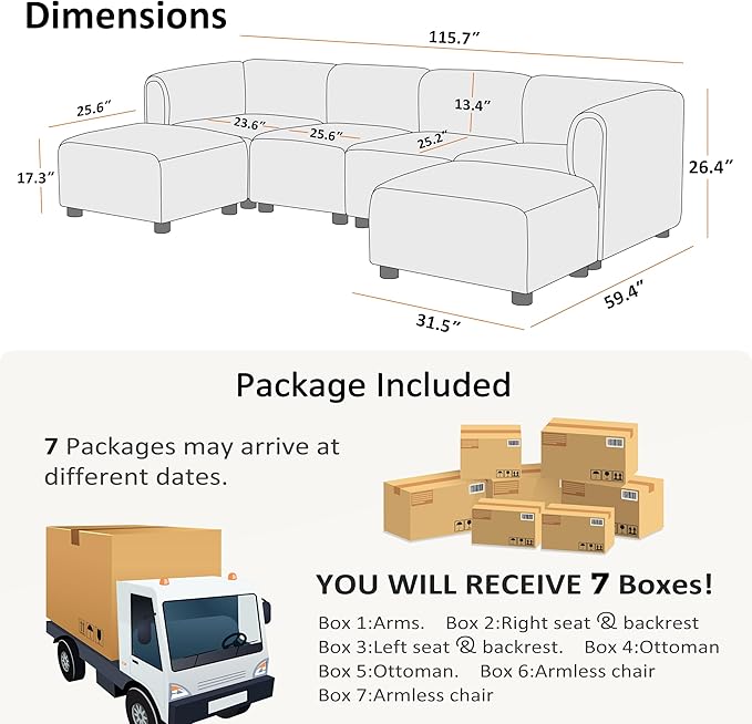 VANOMi Oversized Modular Sectional Sofa, U-Shaped Sectional Couches for Living Room, 6 Seats Modular Sofa with Reversible Chaises, Cream White