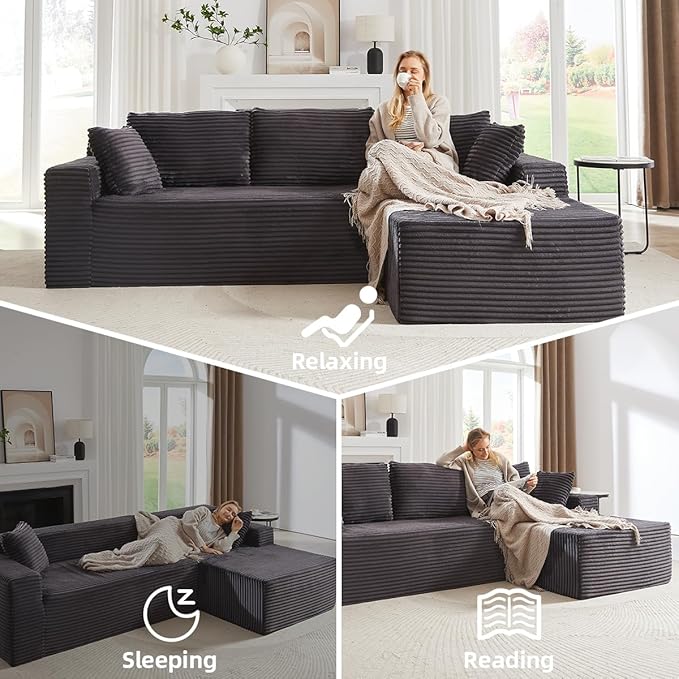 104 Inch Cloud Sectional Couch with L-Shape Chaise,Modern Upholstered Couches with Deep Seat,Corduroy Sponge Compressed Sofa for Living Room, Bedroom,No Assembly Required (Dark Grey)